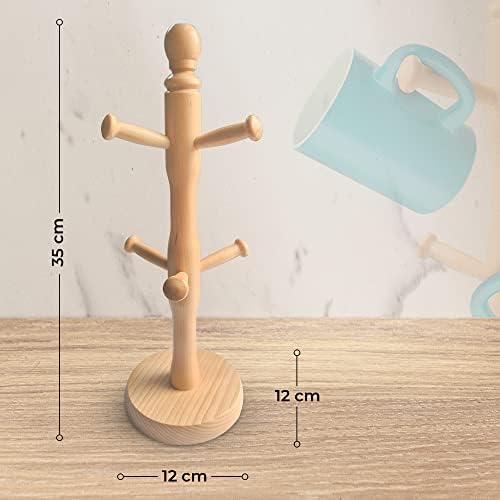 Mug Tree Cup Holder Kitchen Mug Holder for Coffee Mugs & Tea Cups - 100% Beechwood Wooden Cup Holder | Wooden Mug Tree Stand for Space Saving with 6 Cup Hooks (Mug Holder)