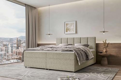99rooms Bergamo Boxspringbett Doppelbett Ehebett Webstoff Malmo_NEW Beige 180x200 cm ohne Topper, Bonellfederkern-Matratze 19 cm