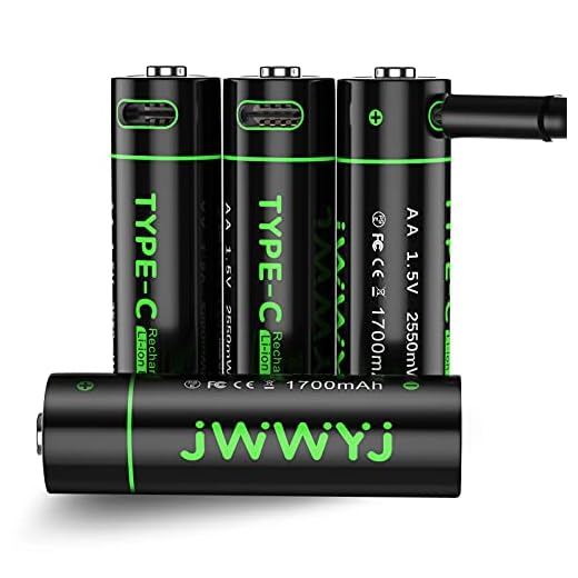AA Lithium Rechargeable Batteries - 4Pack Smart Rechargeable AA Batteries by JWWYJ,Lithium Ion 1.5v 2550 mWh, Type C Battery Charging Cable, LED Charge Indicator