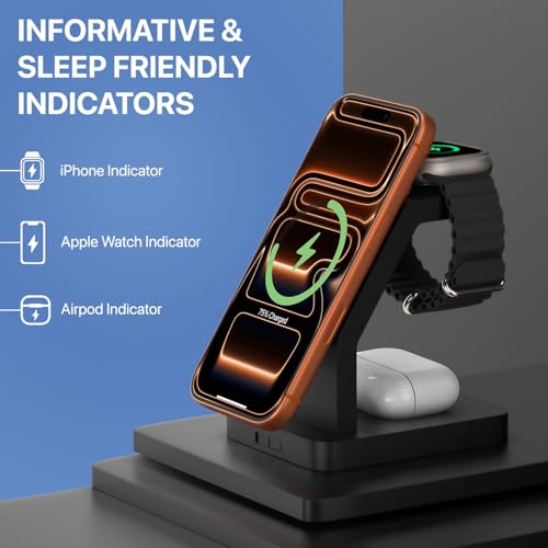 Image of eller sante Combo 3in1 23W Magnetic Mag-Safe Wireless Charger with 30W Fast Charger Adapter for iPhone 17 /17 Air /17 Pro /17 Pro Max, 16 /16 Plus /16 Pro /16 Pro Max, 15 /14 /13 /12, Airpods, iWatch- Black
