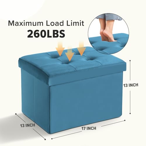 LINMAGCO Storage Ottoman Folding Foot Stool Velvet Foot Rest with Padded Modern Ottoman with Storage for Living Room Puppy Step Stool 17x13x13in(Blue) - Thumbnail 2