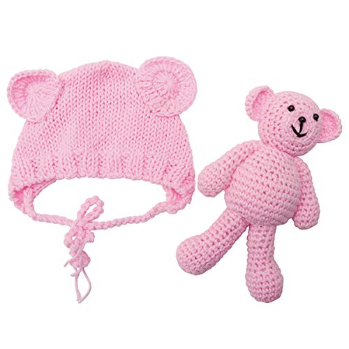 ECYC Newborn Baby Bear Hat Beanie with Bear Dolls Photography Accessories,Pink