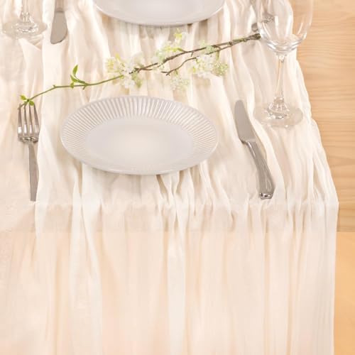 Image of MLMC Ivory White Table Runner Rustic Gauze Cheesecloth Table Runner 10ft Cheese Cloth Centerpiece Decor 35x120 Inches for Dessert Anniversary Wedding Bridal Baby Shower Decor