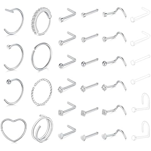 NIUSIMAN 20G Nose Rings Hoops Studs, Stainless Steel Round CZ L Shaped Nose Screw Straight Studs, Hypoallergenic Diamond Double Nose Hoops, Clear Nose Rings For Women Men Nostril Piercing Jewelry Silver Cover