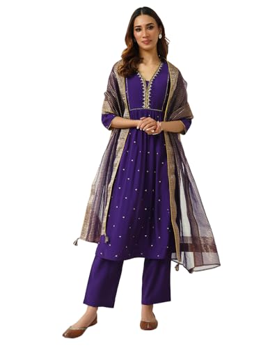 FIORRA Women's Purple Chanderi A-line Kurta with Pant and Dupatta