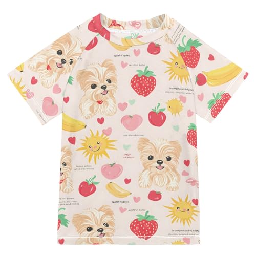 ALAZA Kids Rash Guard Girls Toddler Swim Shirts Short Sleeve Dog Banana Fruit UPF 50+ 3T
