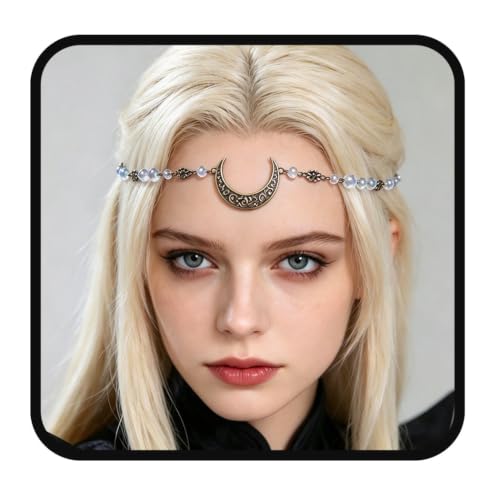 Yalice Boho Crescent Moon Head Chain Vintage Black Crystal Headband Chain Rhinestone Headpieces Witchy Forehead Chain for Women (Bronze-White, One Size)