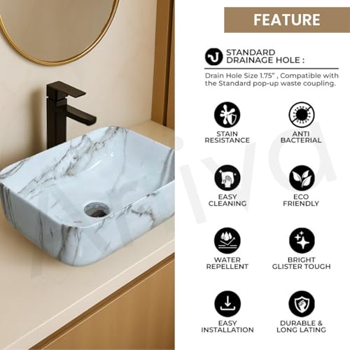 Image of Artiva Ceramic Wash Basin /Tabletop Washbasin For Bathroom,12 inchx16 inch /Small Countetop Bathroom Basin /Table Top Basin For Home,Office,Hotel /Rectangle Glossy Sink (Marble-White,12x16 Inch)