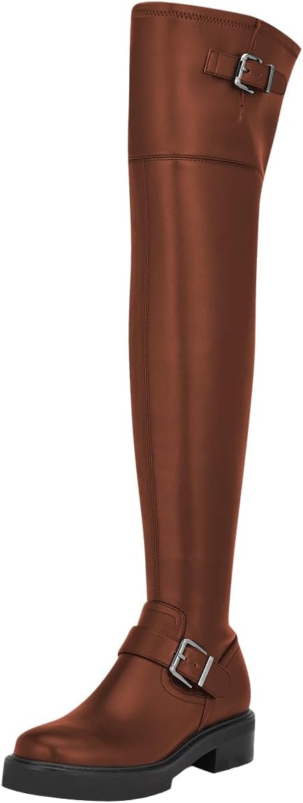 FOWT Women Platform Round Toe Over The Knee Boots Double Straps Chunky Low Heel Long Boots Side Zipper Comfy Shoes Size 4-16 US