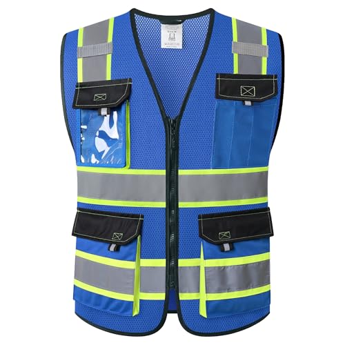Image of JKSafety Hi Vis Reflective Safety Vests for Men Women High Visibility Vest with Pockets Mesh Fabric Construction Safety Apparel Neon Vest for Work (220-Blue S)
