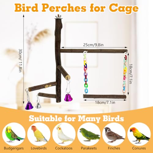 Image of kathson Natural Bird Perch with Swing Toy 2 in 1 Wooden Perch Stand Multiple Branches Parrot Perch Parakeet Climbing Chewing Toy Cage Accessories for Conures Cockatiels Lovebirds Budgies Finches