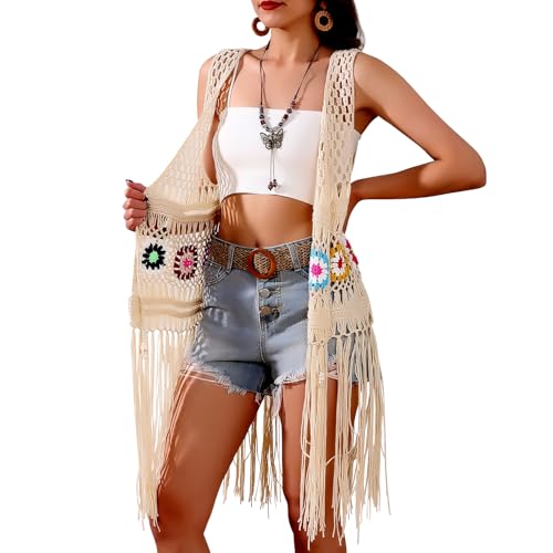 Image of Women's Floral Crochet Hollow Out Sleeveless Fringe Boho Retro-Look Handmade Cardigan Vest Tassels