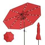 Patio Kingdom 10FT Solar Umbrella 32 LED Lighted Patio Umbrella Table Market Umbrella w/Tilt and Crank, UV-Resistant Outdoor Umbrella for Pool, Garden, Deck, Red