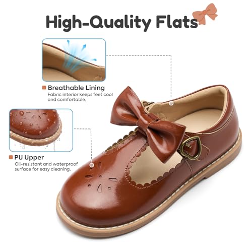 GINNI Toddler Girl Removable Bow Mary Jane Flats Dress Shoes for School Uniform Casual Wear, Ballet Flat for Wedding Birthday Party, Brown T-Strap Round Toe Oxford for Baby Girls/Kids, Size 10T — view 6
