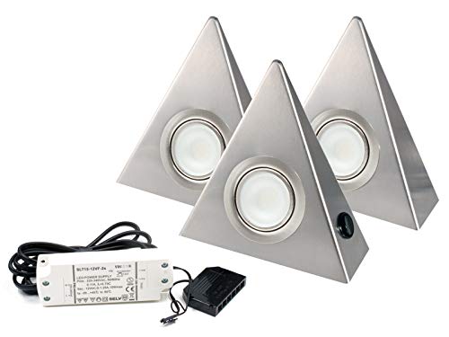 3er Set LED Dreieckleuchte Unterbauleuchte Küchenleuchte EDELSTAHL 2,7W Warmweiß mit Zentralschalter Cover