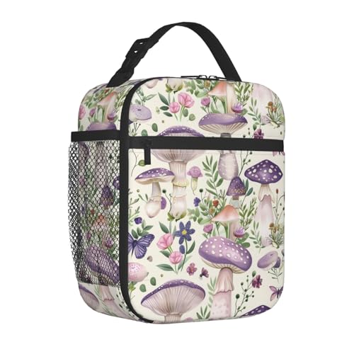 ainori Reusable Purple Mushroom Lunch Box for Kids Girls Boys Women Adult, Insulated Butterfly Lunch Bag,Polyester Cooler Boho Handbags Case for School Picnic Work Travel Beach or Hiking