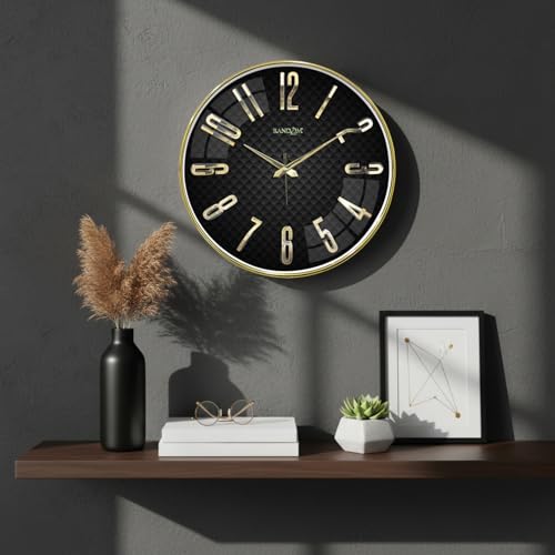 Image of RANDOM Silent Wall Clock, Non-Ticking Quartz Movement, Foiling Ring and 3D Numbers (Black and Gold)