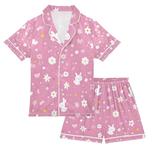 senya Rabbits Flowers Pink Satin Summer Pajama Sets Silk Short Sleeve Button Down Sleepwear