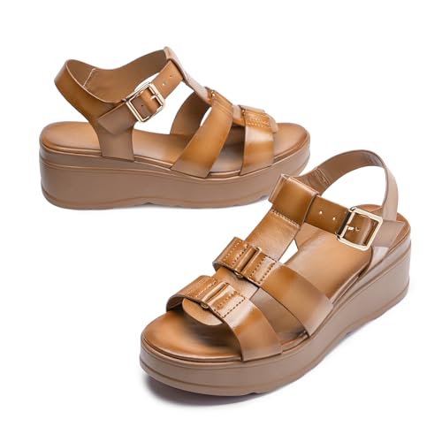 Image of Platform Sandals Women Chunky Wedge Sandals for Women Comfortable | Women's Flat Summer Shoes Round Open Toe with Arch Support Wide Strap Faux Leather Wedges for Beach Camping Travel Office