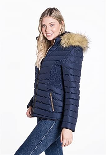 BodiLove Women's Everyday Warm Winter Quilted Puffer Short Coat High Collar Jacket with Removable Faux Fur Hood Zipper Vegan Leather Piping Water Resistant Wind Blocker Camel S - Image 6