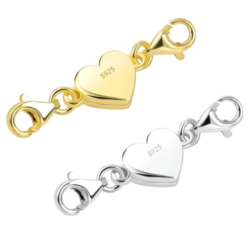 Tongyixin 2 Stück Gold Herz Magnetverschluss Kette 925 Silber Kette Damen Magnetverschluss Armband Schmuck Armband Verschluss Halskette Herren DIY Jewellery Accessories(1 Stück Silber,1 Stück Gold)