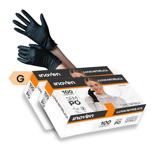 Luva Nitrilica Preta Descartavel sem Pó - INOVEN - P, M e G - 200 unidades (2 caixas com 100 unidade
