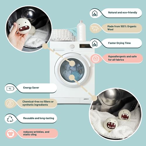 Woolbuddy Dryer Balls, 6-Pack Reusable Wool Laundry Accessories, Monster Design for Pet Hair Removal, Home Essentials, Cute and Efficient Drying Solution