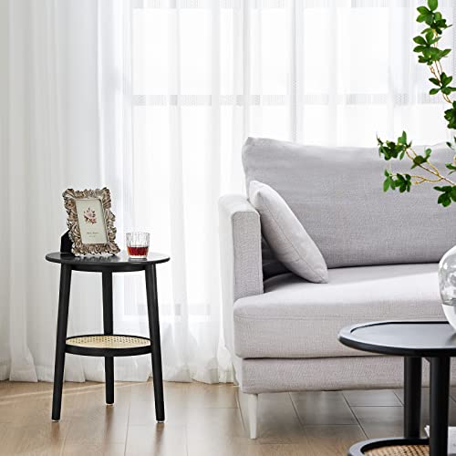 Apicizon Round Side Table Set Of 2 With Storage, Black Rattan Nightstand Bedside Table, Small End Table For Living Room, Bedroom, Small Spaces, Modern Accent Table Easy Assembly, 15 X 19.3 Inches #TOP5