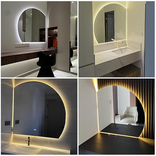 Image of Half Moon LED Wall Mirror, Modern Anti-Fog Bathroom Mirror with Lights, Frameless, 3 Colors Dimmable Makeup Vanity Mirrors with Touch(Right Cut,80cm /31.5in)