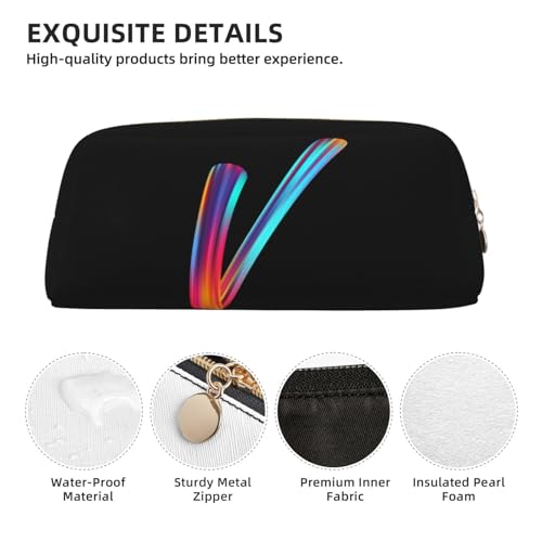 Image of Cute Initial Pencil Case for Kids Simple Leather Pencil Pouch for Boys Girls Letter Design Pencil Box Pen Bag Pencil Pouch Office Stationery Organizer, Rainbow Letter V