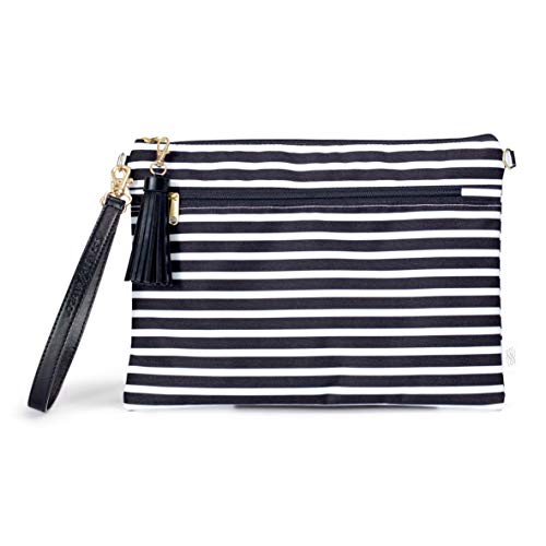 Logan + Lenora Convertible Wristlet Clutch - Waterproof Clutch with Detachable Wristlet Strap (Black & White Stripe)