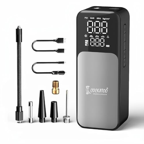 Image of Cockatoo 9166 Tyre inflator High-Power Portable Air Compressor Pump, 80W, 21mm Cylinder, 3x2000mAh Battery, Fast Inflation in 7-8 Minutes, LED Display, Preset Tire Pressure, SOS, USB Charging