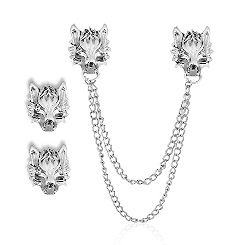 2PCS Wolf Head Long Collar Chain Brooch.Gold Silver Chain Tassel Brooch Pin,Punk Cool Animal Head Collar Coat Pin for Men's Suits Shirt Pin