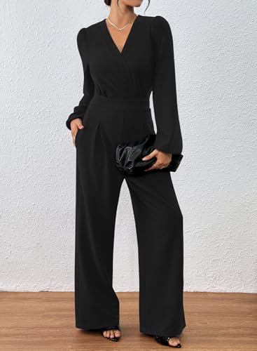 Pink Queen Business Jumpsuits for Women V Neck High Waist Wide Leg Pant Suits Backless Rompers Party Black L