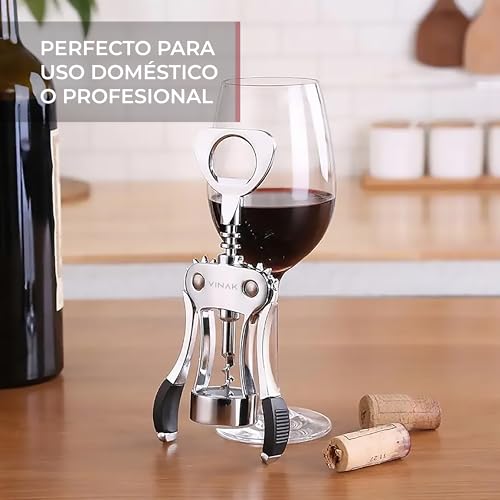 Miniatura 4 de Vinak - Sacacorchos De Alas Profesional - Abridor De Vino Y Abrebotellas De Cerveza Manual 2 En 1 - Descorchador De Acero Cromado Con Mango Antideslizante Y Espiral Reforzada - Hogar, Bar Y Regalo