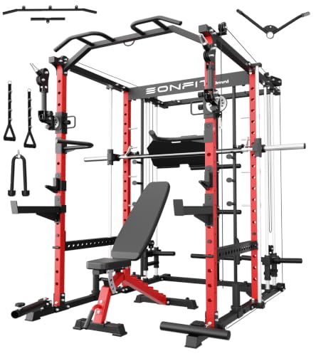 Image of Eonfit E5 Smith Machine with Vertical Leg Press, Power Cage Squat Rack with LAT-Pull Down Cable Crossover Rotating Arms System Home Gym Equipment All in One