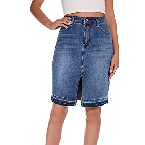 Chowsir Women High Waist Front Split Washed Midi Pencil Denim Jean Skirt…2