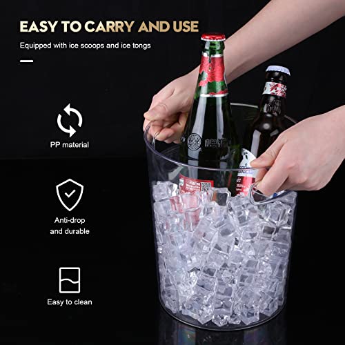 Rtteri 6 Set Plastic Ice Buckets for Parties with Handle, Scoop, Serving Tongs, Large Clear Ice Bucket Round Chiller Beverage Tubs Drink Bottle Cooler for Champagne Beer Wine(5 L)