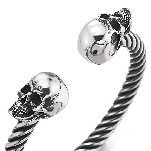 COOLSTEELANDBEYOND Mens Womens Skull Twisted Cable Cuff Bangle Bracelet, Stainless Steel, Polished, Elastic Adjustable2
