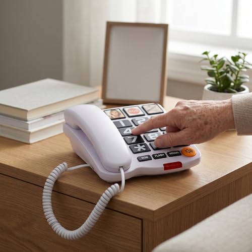 Téléphone fixe blanc à touches géantes et raccourcis photo, cadeau utile pour grands-parents
