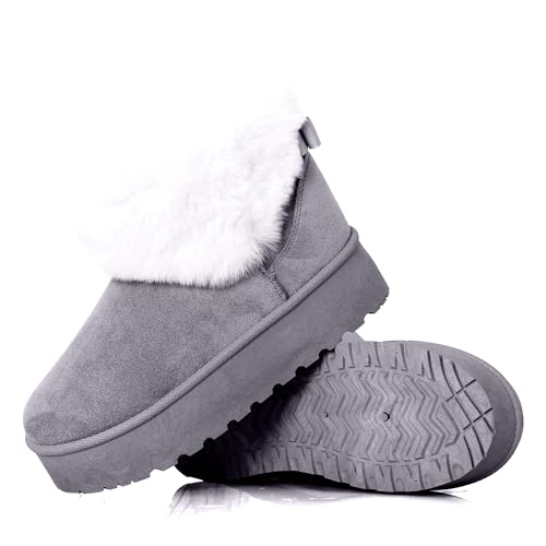 Women’s Faux Fur Lined Platform Ankle Boots, Warm Winter Suede-Effect Slip On Short Boots with Non Slip Sole, Cosy Outdoor (GREY, One Size, Adult, Women, 4, Numeric, UK Footwear Size System, Medium)