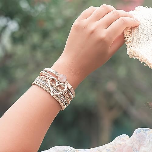 FANCY SHINY Heart Leather Wrap Bracelets Stackable Boho Cuff Bangles Trendy Resin Stone Rhinestone Bracelets with Magnetic Clasp for Women Mother Gift Jewelry - Image 5
