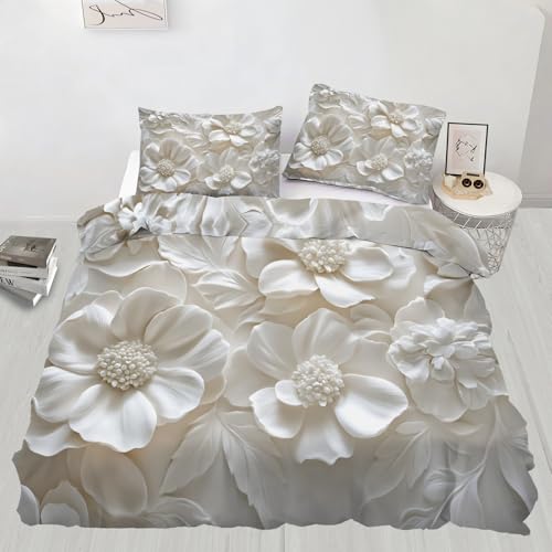 YXQAIED Relief Floral Bedding Sets - Modern White Flowers Duvet