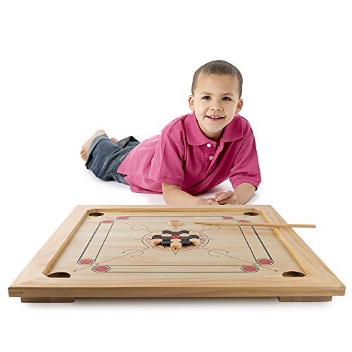 Hey! Play! Carrom Board Game - Wooden Strike And Pocket Game Set With Group Of Black And Beige Coins, 2 Red Queen Coins, Striker Coin, And Cue Sticks #TOP2
