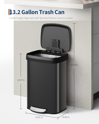 Image of Garvee 13 gal / 50 L Metal Trash Can with Lid, Large Garbage Can for Kitchen, Rustproof Step-on Kitchen Metal Trash Bin with Liner Rim, Rear Handle, Soft Close Plastic Lid, Black