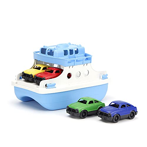 Green Toys Deluxe Ferry Boat Set - 5 Piece Pretend Play, Motor Skills, Kids Bath Toy Floating Boat Vehicle and Cars Set. No BPA, phthalates, PVC. Dishwasher Safe, Recycled Plastic, Made in USA.