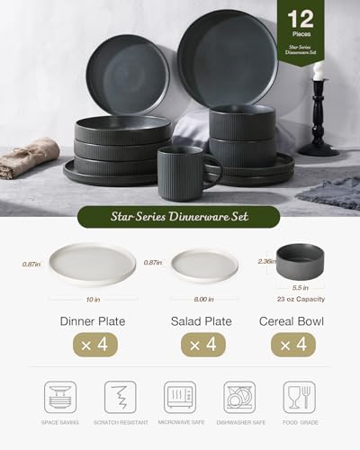 Image of Famiware Star 12-Piece Stoneware Dinnerware Sets for 4, Reactive Glaze Plates and Bowls, Modern Rustic Dishes for Everyday /Formal Use, Chip /Scratch Resistant, Microwave /Dishwasher Safe, White & Black