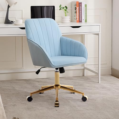 Klwenas Maec Velvet Desk Chair for Home Office Modern Adjustable Computer Task Chair Swivel Chair Cute Vanity Chairs with Arm Rest for Bedroom Living Room Make-up Room (Baby Blue-Gold)