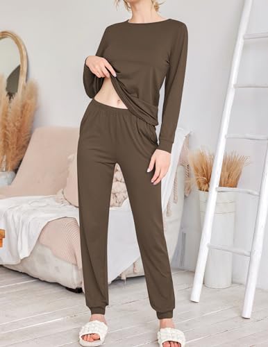 Image of Ekouaer 2 Pack Pajama Sets for Women,Long Sleeve Top With Jogger Pants Lounge Set Sleepwear with Pockets