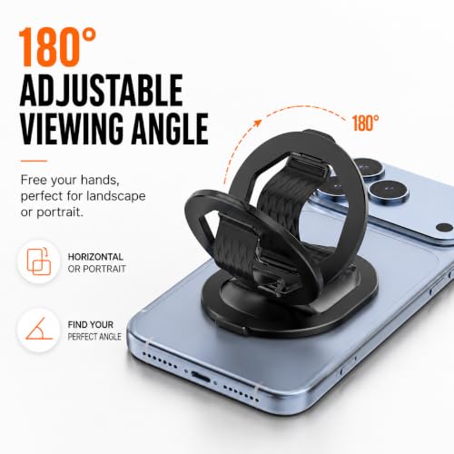 Image of Mizi Magnetic Phone Grip, Phone Finger Loop Holder with Kickstand, Foldable Ring Grip, Compatible with Mag Safe iPhone 12-18, Includes Magnetic Adapter Ring for All Phones - Black